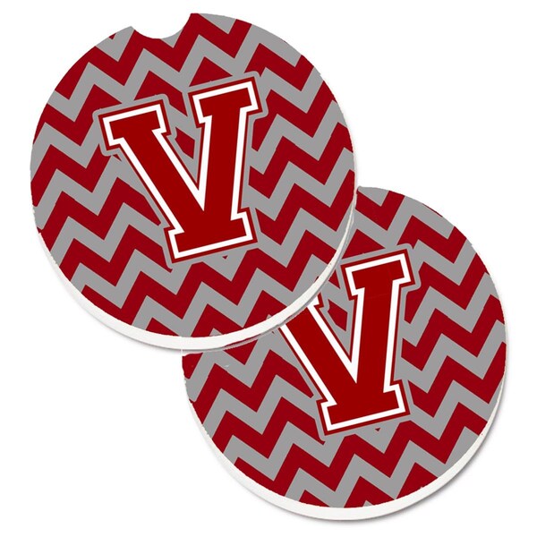 Carolines Treasures Letter V Chevron Maroon and White Set of 2 Cup Holder Car Coaster CJ1049-VCARC - main